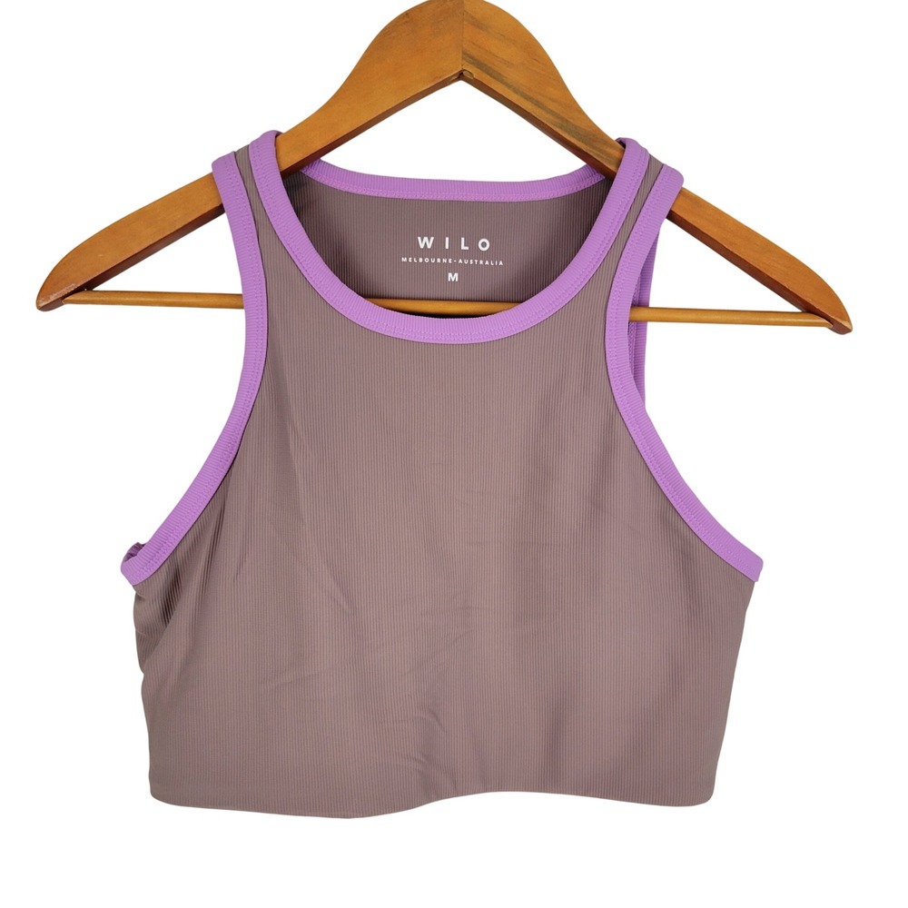 Wilo the Label Racerback Sports Bra‎ Size Medium Ribbed Tan Mauve Purple